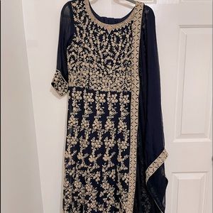 Navy Blue Indian Dress Long Anarkali with Embroidery Duppata